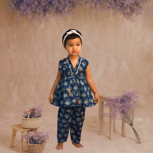 Radiant Blossoms: Indigo Blue Girls Pant and Top Set