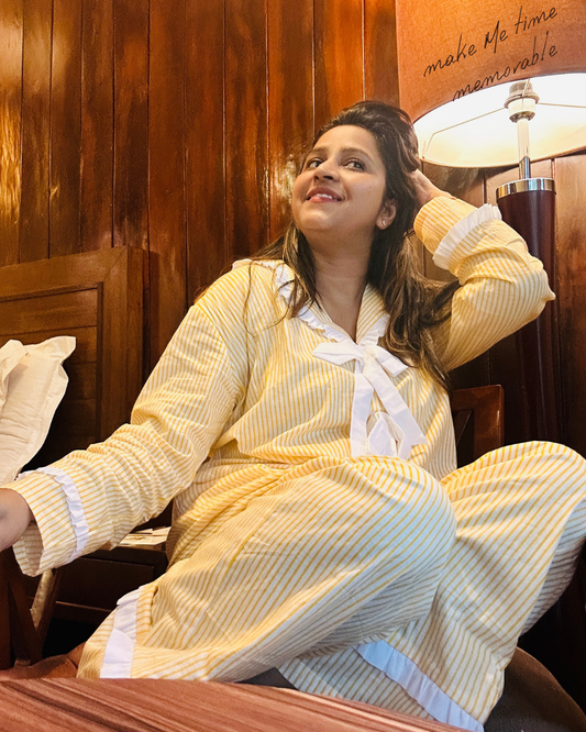 Yellow Slumber Pure Cotton Pajama Set with Vintage Frill Details-Relaxed Fit