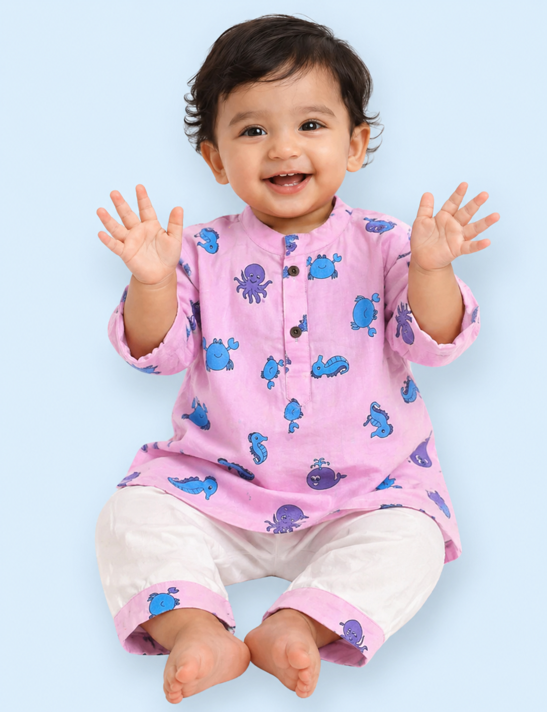 Dream Weaver – Pink Sea Creatures Kurta Pajama | Pure Cotton