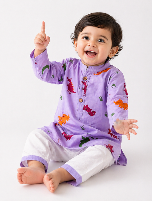 Brave Explorer – Purple Dino Kurta Pajama with Border | Pure Cotton