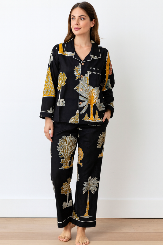 Women Handcrafted Black Jungle Palm Tree Night Suits