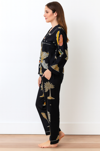 Women Handcrafted Black Jungle Palm Tree Night Suits
