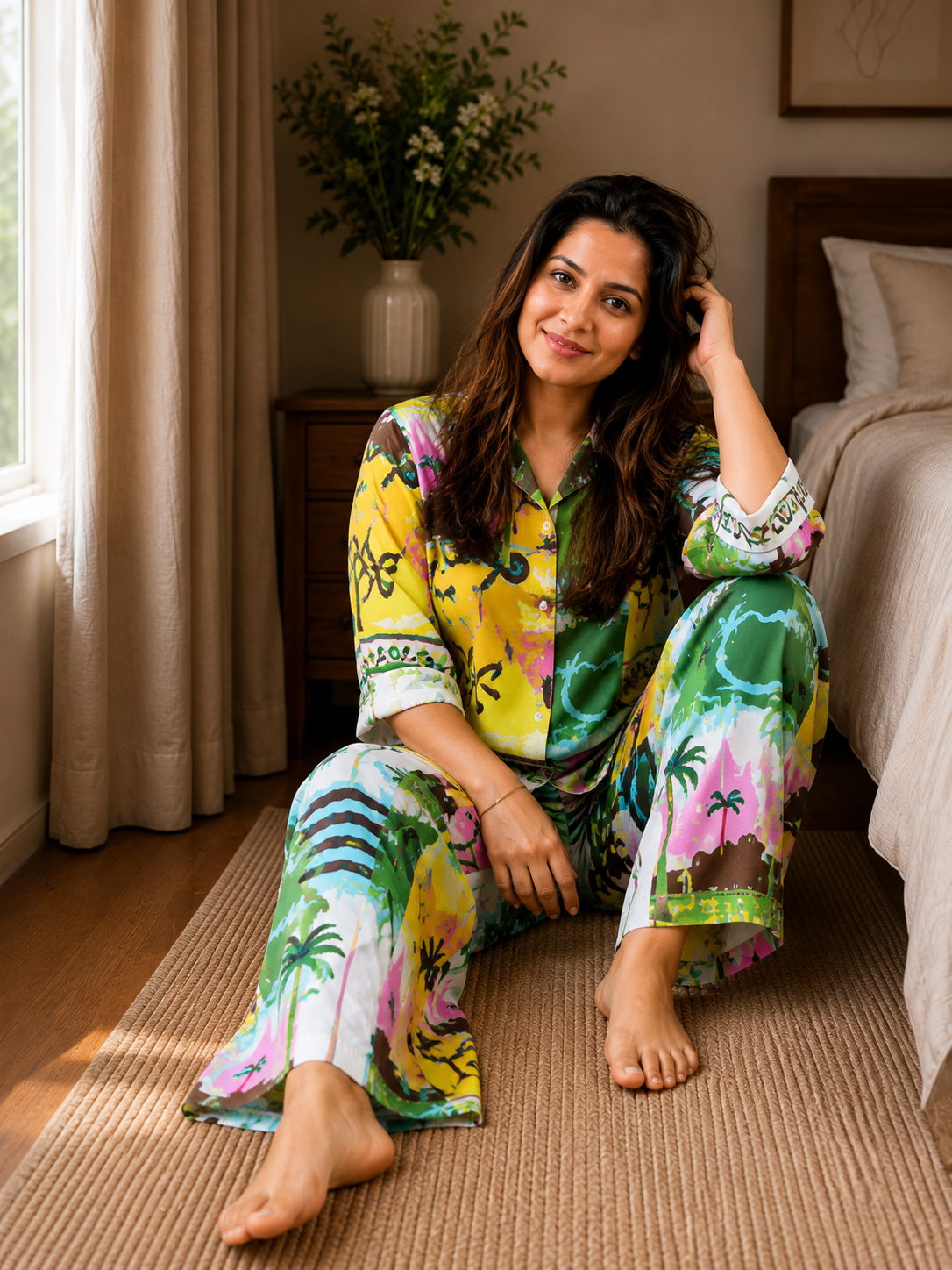 Green Island Slumber Pure Cotton Night Suit-Relaxed Fit