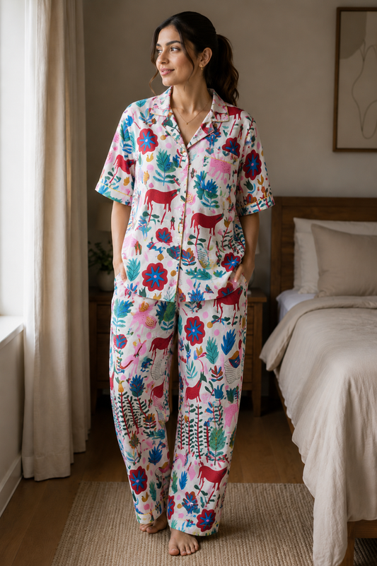 White Coastal Paradise pajama set-Relaxed Fit