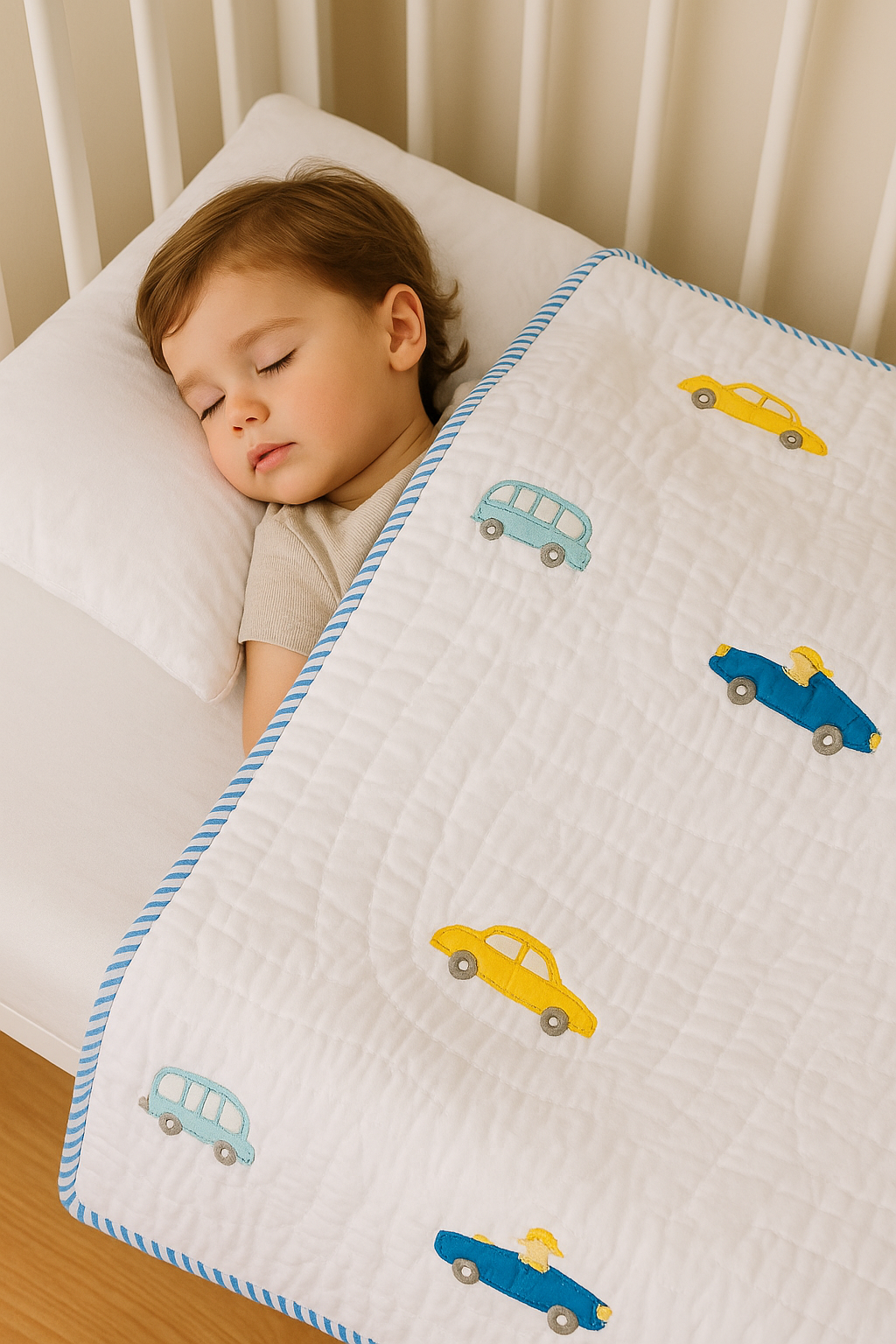 Racing Dreamers : Handblock Car Print Baby Quilt