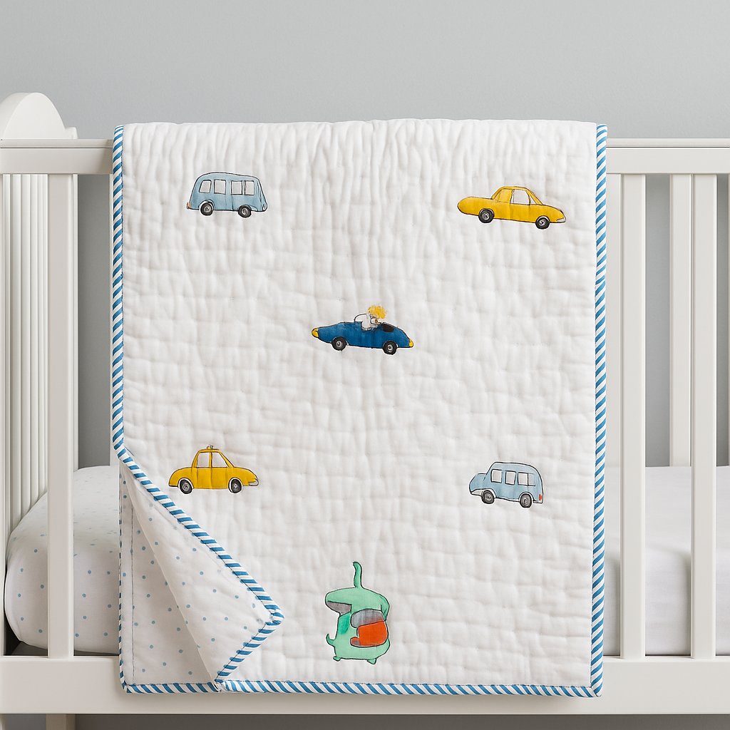Racing Dreamers : Handblock Car Print Baby Quilt