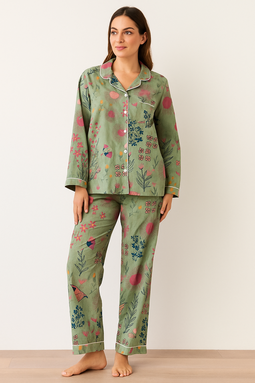 Women Green Jungle hand block print PJs