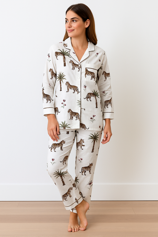 Women White Jungle  hand block print PJs