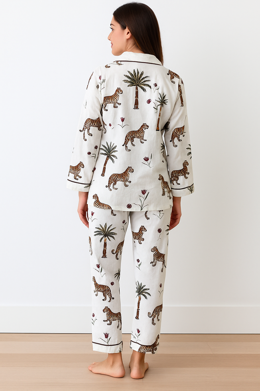 Women White Jungle  hand block print PJs