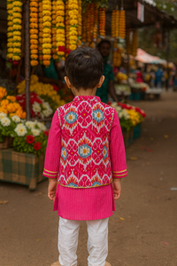 Kantha Handblock Print - Boys Ethnic Pink Kurta pajama set