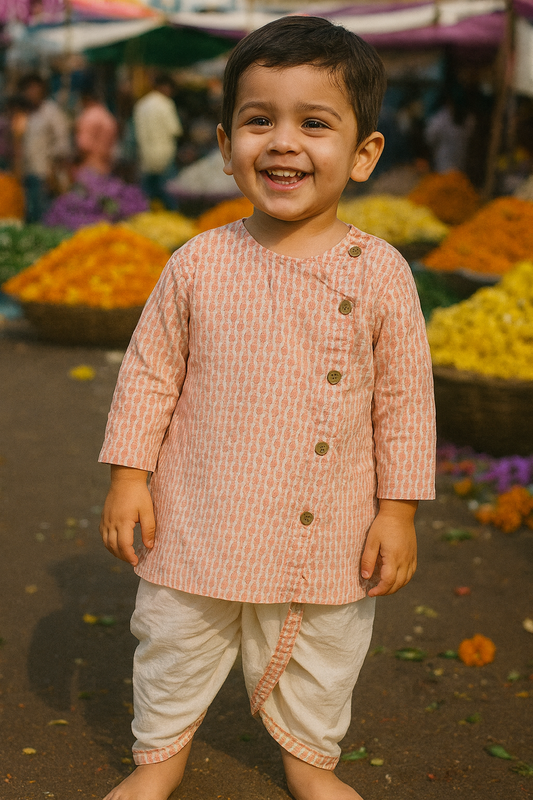 Bagru Handblock Print - Boys Ethnic Pink Kurta dhoti set