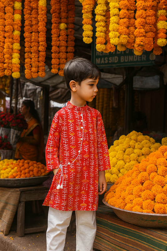 Handblock Print  side tie- Boys Ethnic Red Kurta pajama set