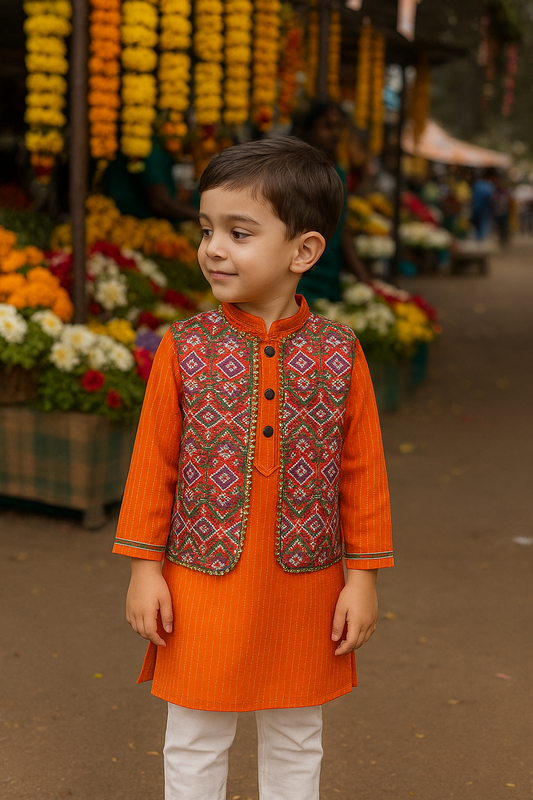 Kantha Handblock Print - Boys Ethnic Orange Kurta pajama set