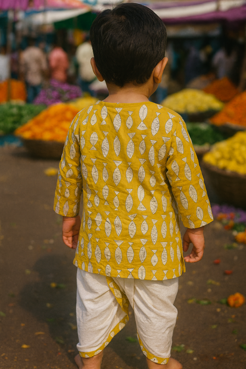 Bagru Handblock Print - Boys Ethnic yellow Kurta dhoti set