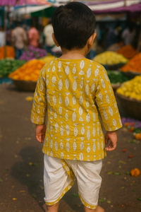 Bagru Handblock Print - Boys Ethnic yellow Kurta dhoti set