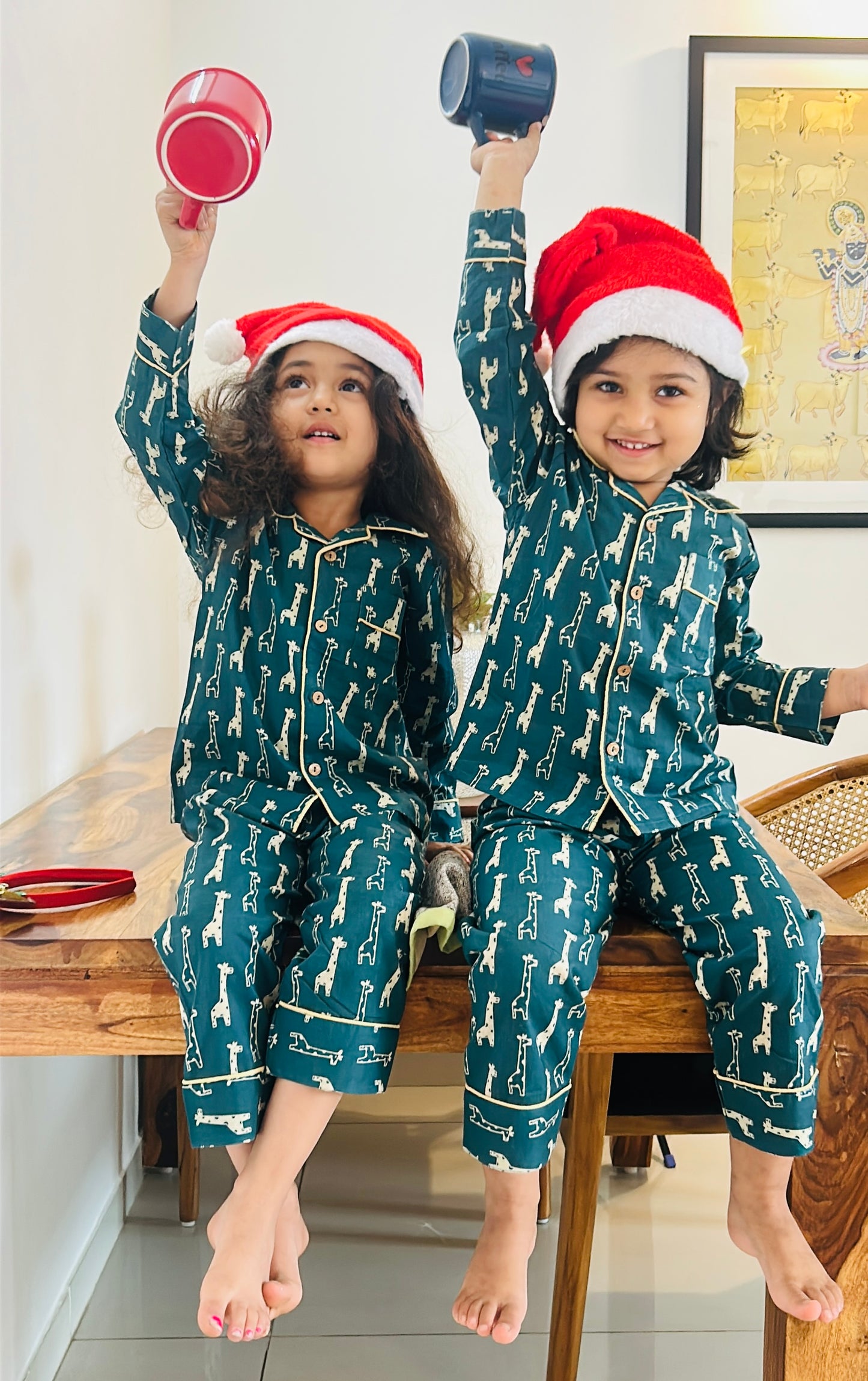 Green Cotton Christmas Pajama set for kids -
