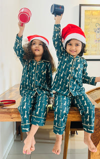 Green Cotton Christmas Pajama set for kids -