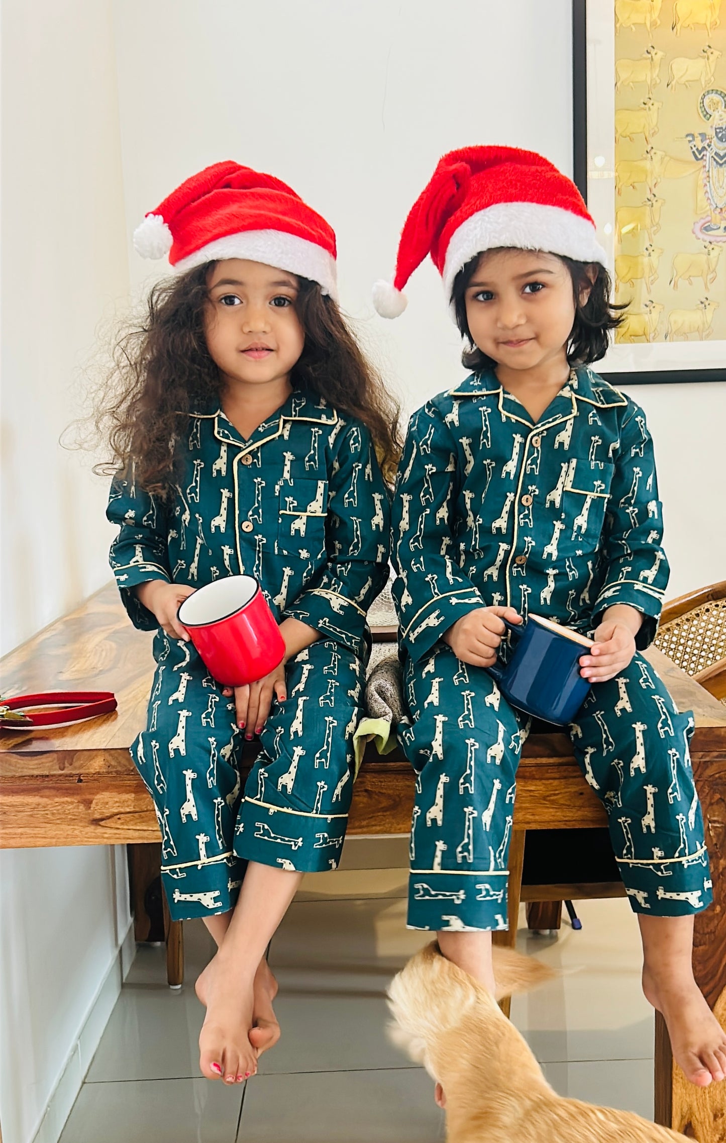 Green Cotton Christmas Pajama set for kids -