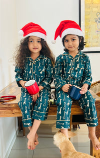 Green Cotton Christmas Pajama set for kids -