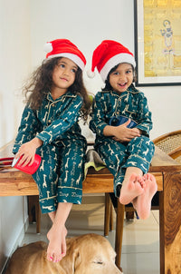 Green Cotton Christmas Pajama set for kids -