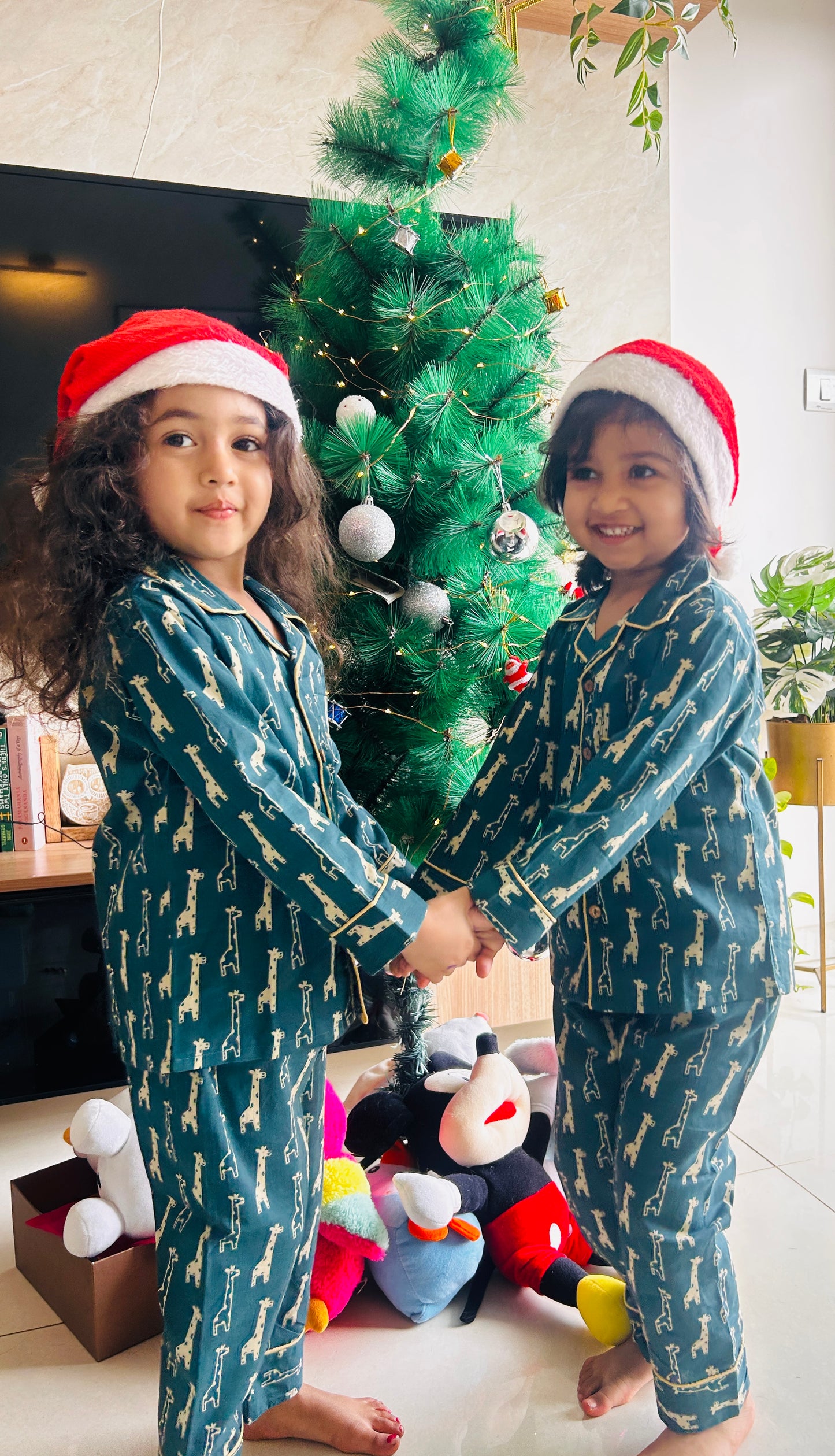 Green Cotton Christmas Pajama set for kids -