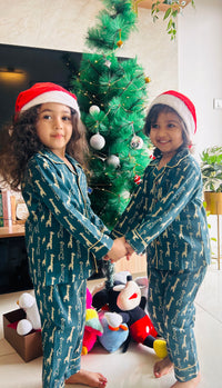 Green Cotton Christmas Pajama set for kids -