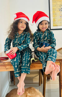 Green Cotton Christmas Pajama set for kids -