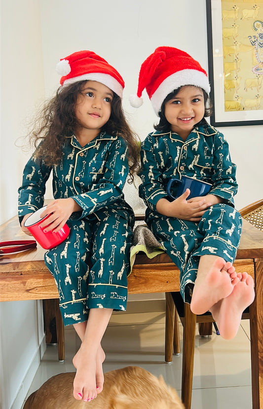 Green Cotton Christmas Pajama set for kids -