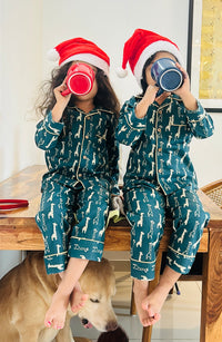 Green Cotton Christmas Pajama set for kids -