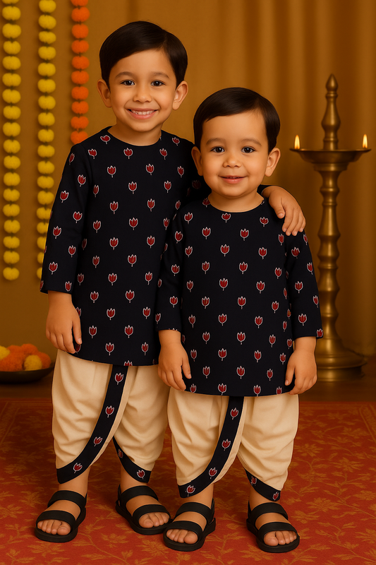 Bagru Handblock print -Ethnic Black Kurta dhoti set for Boys