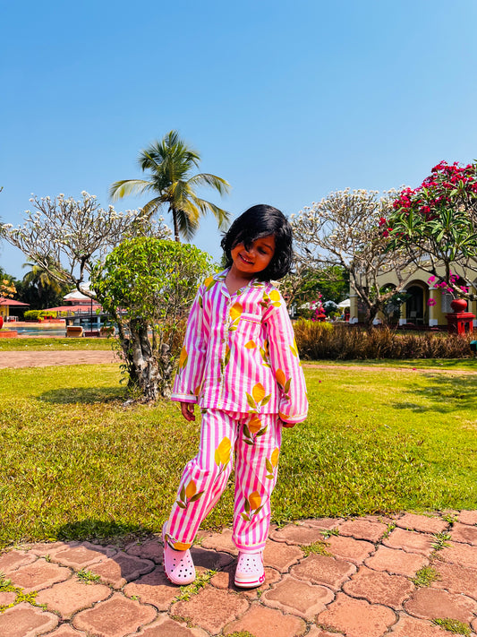 Pink Lemon Stripes Night suit