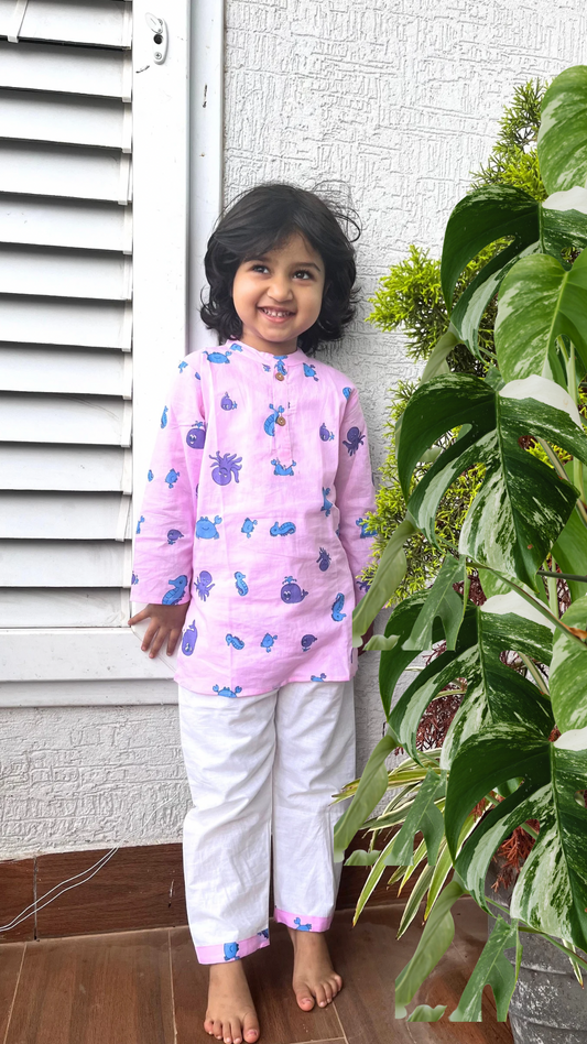 Dream Weaver – Pink Sea Creatures Kurta Pajama | Pure Cotton