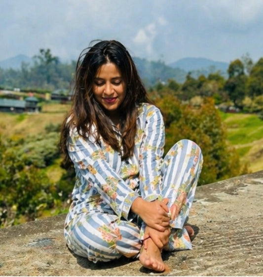 Grey Palm coast Cotton Nightwear for Women – Relaxed Fit Pajama Set
