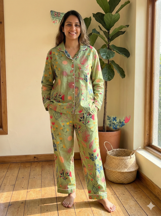 Women Green Jungle hand block print PJs