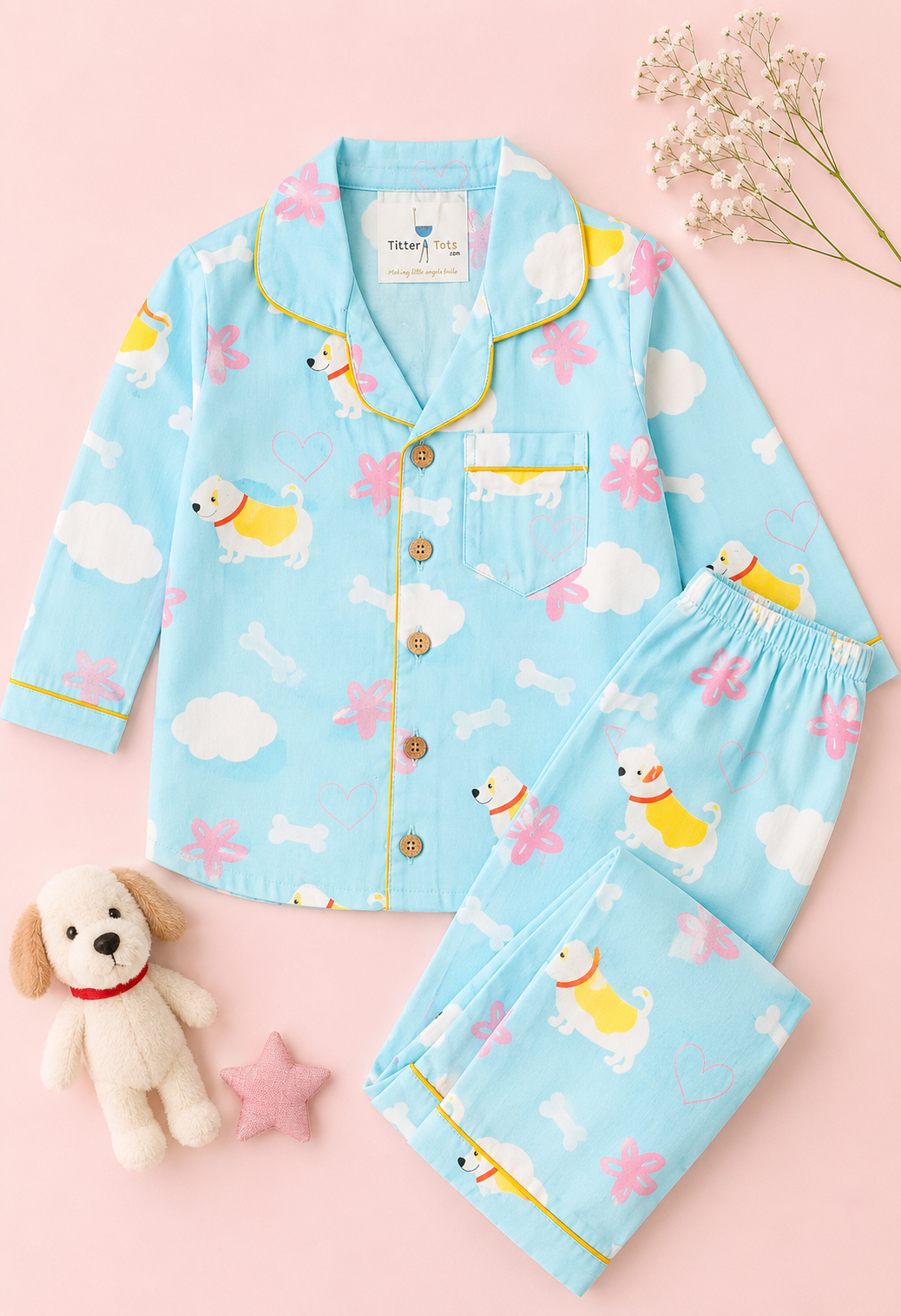 Sky Blue Puppy Parade Cotton Pajama Set