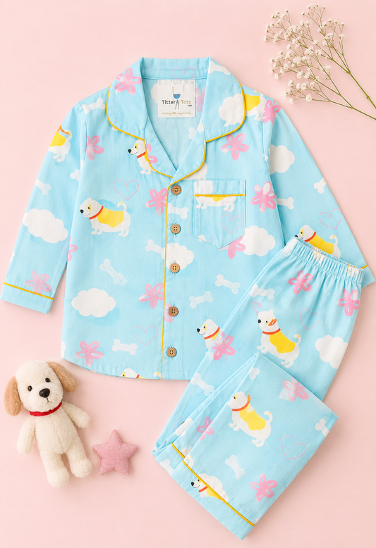 Sky Blue Puppy Parade Cotton Pajama Set