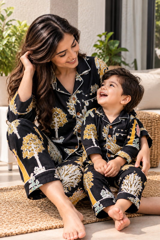 Handcrafted Black Jungle twinning Night Suits
