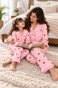 Pink Heart Vintage Night Suit twinning sets -pure cotton-Regualr Fit