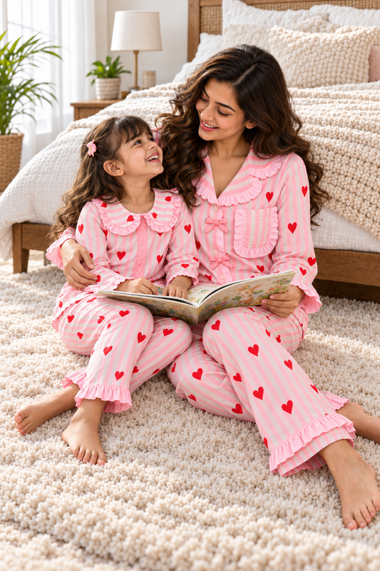 Pink Heart Vintage Night Suit twinning sets -pure cotton-Regualr Fit