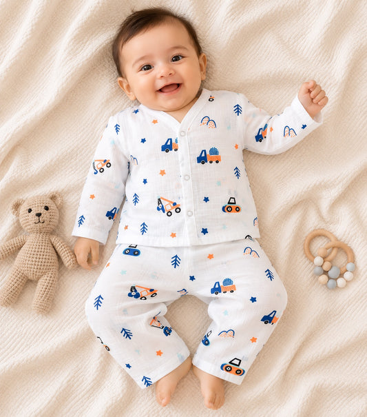 GOTS certified organic Muslin unisex Pajama set for Babies|Construction