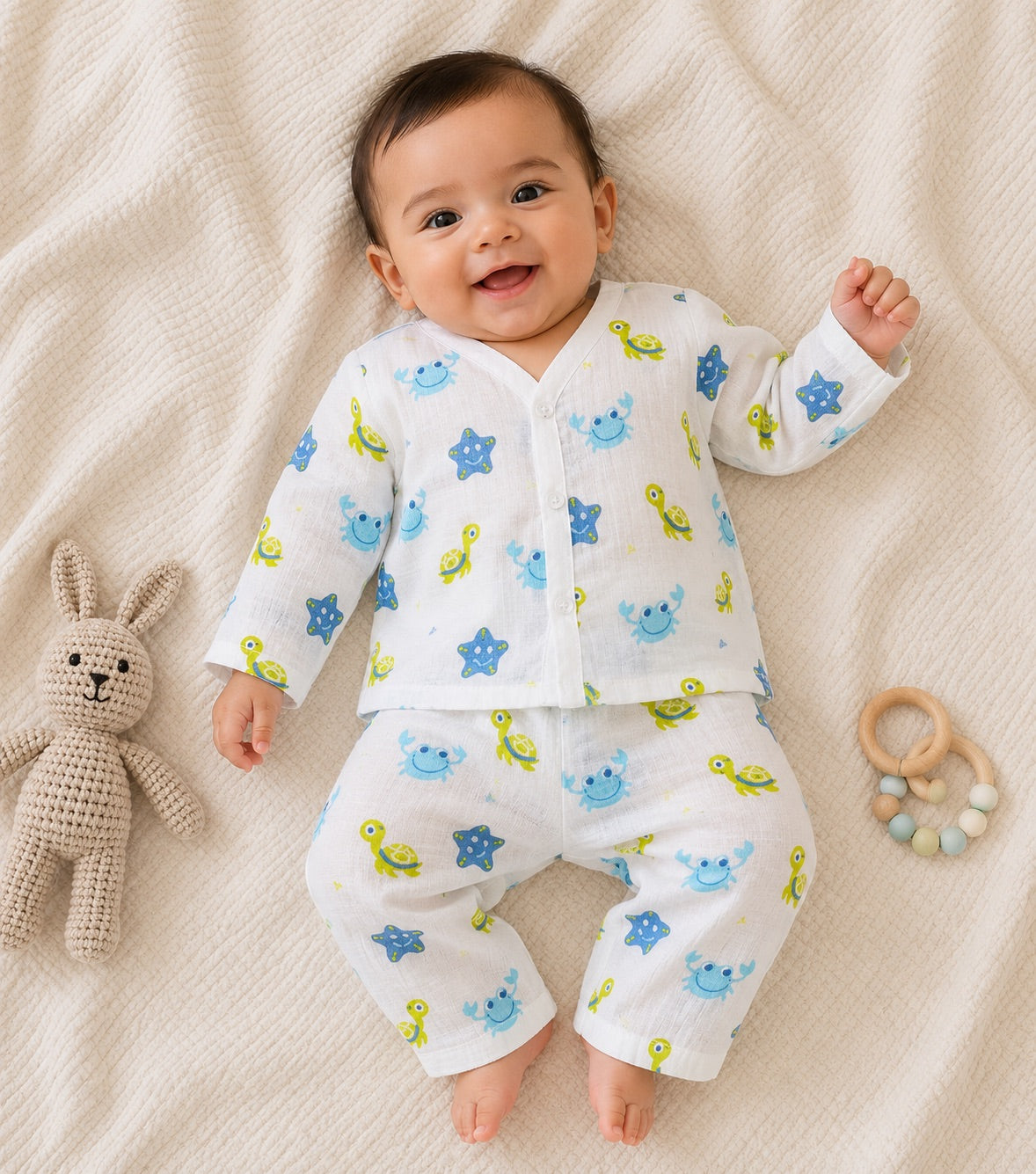 GOTS certified organic Muslin unisex Pajama set for Babies|Starfish