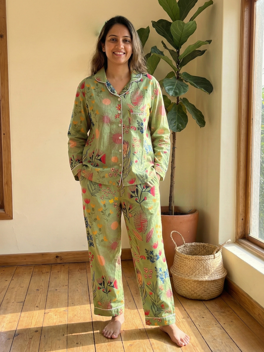 Women Green Jungle hand block print PJs