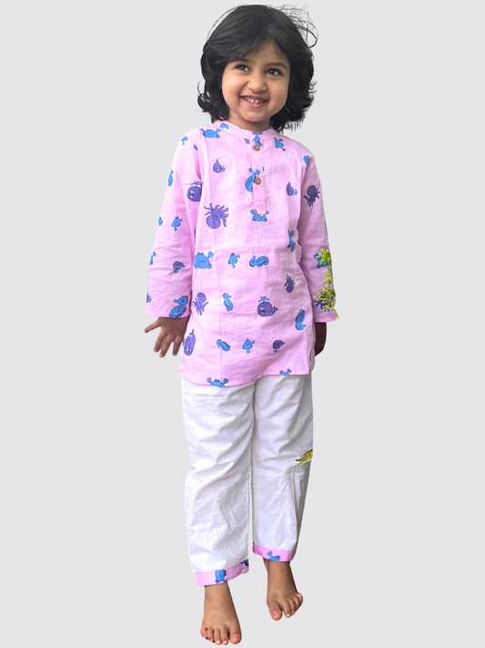 Dream Weaver – Pink Sea Creatures Kurta Pajama | Pure Cotton