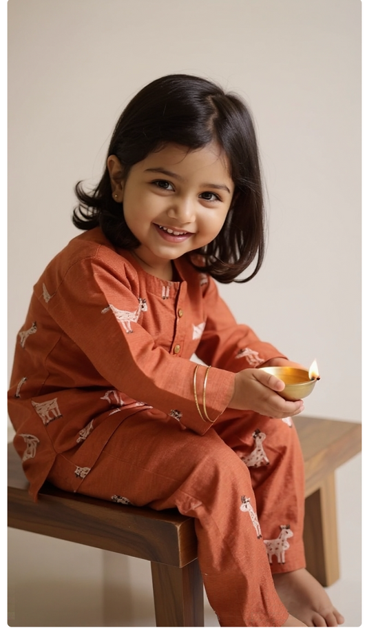Kurta Pajama Set - Orange Meh Goat Cotton