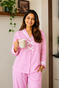 Pink  Slumber Pure Cotton Pajama Set with Vintage Frill Details-Relaxed Fit