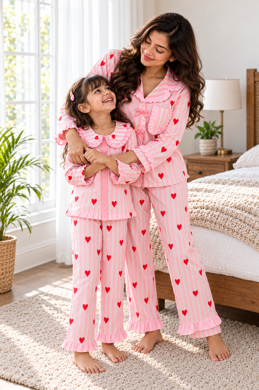 Pink Heart Vintage Night Suit twinning sets -pure cotton-Regualr Fit