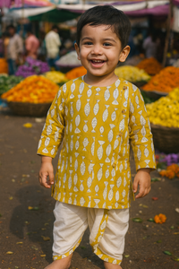 Bagru Handblock Print - Boys Ethnic yellow Kurta dhoti set