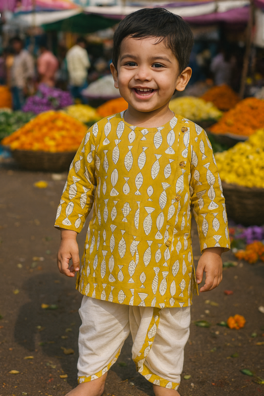 Bagru Handblock Print - Boys Ethnic yellow Kurta dhoti set