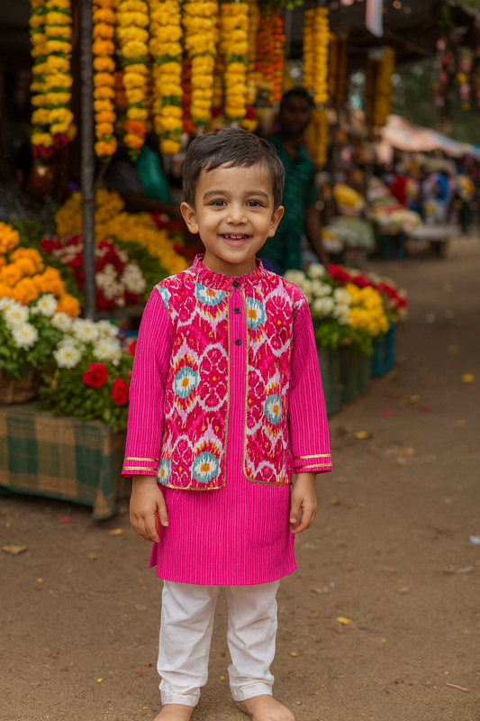 Kantha Handblock Print - Boys Ethnic Pink Kurta pajama set