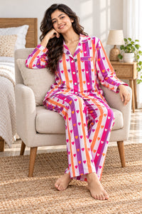 Rainbow heart stripes Cotton Nightwear for Women – Relaxed Fit Pajama Set